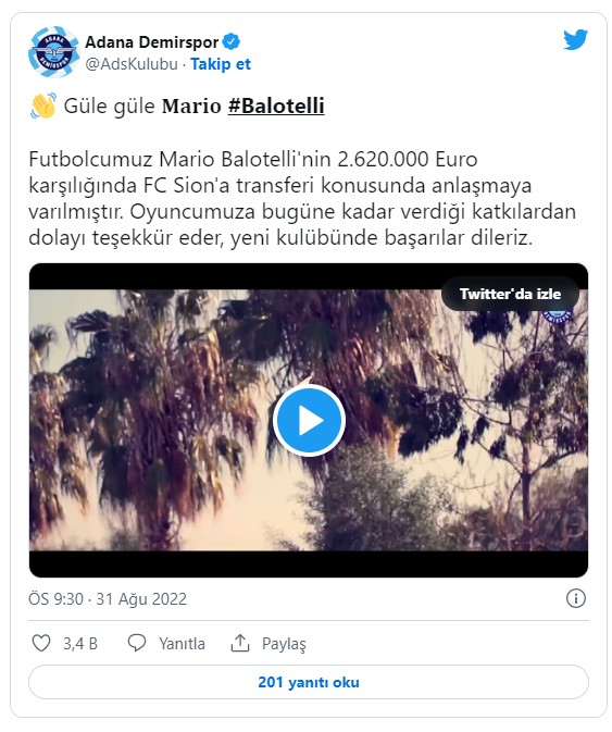 Adana Demirspor'dan Balotelli'ye duygusal veda!